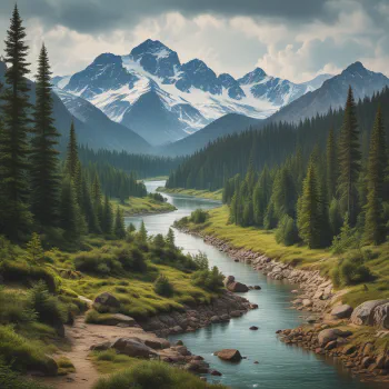 A forest with a river and mountains