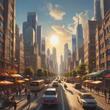 A bustling cityscape with a [bright sun]