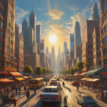 A bustling cityscape with a bright sun