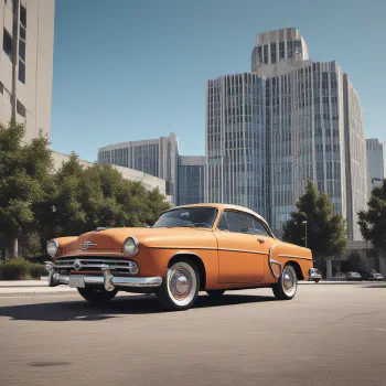 A vintage car in front of a modern building