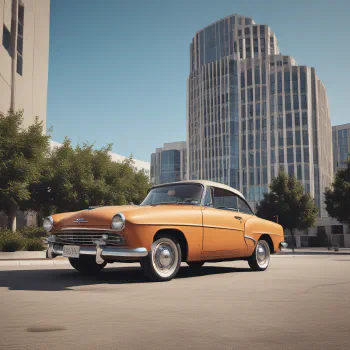 A ((vintage car)) in front of a [modern building]